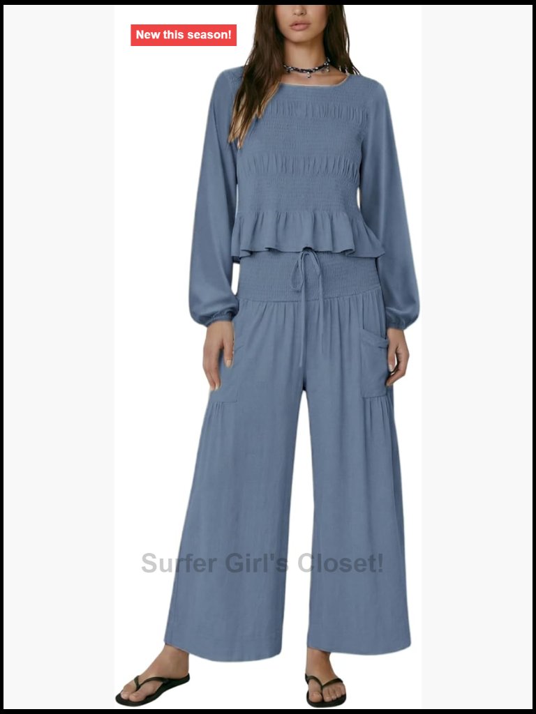 Smocked Lounge Set Long Sleeve Ruffle Top Wide Leg Pants Casual Spring Summer